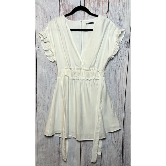 Zara Womens V Neck Side Tie Ruffle Mini Dress White Sz Small - Picture 4 of 10